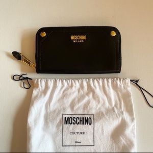 Moschino Black Leather Moto Wallet w Gold Hardware